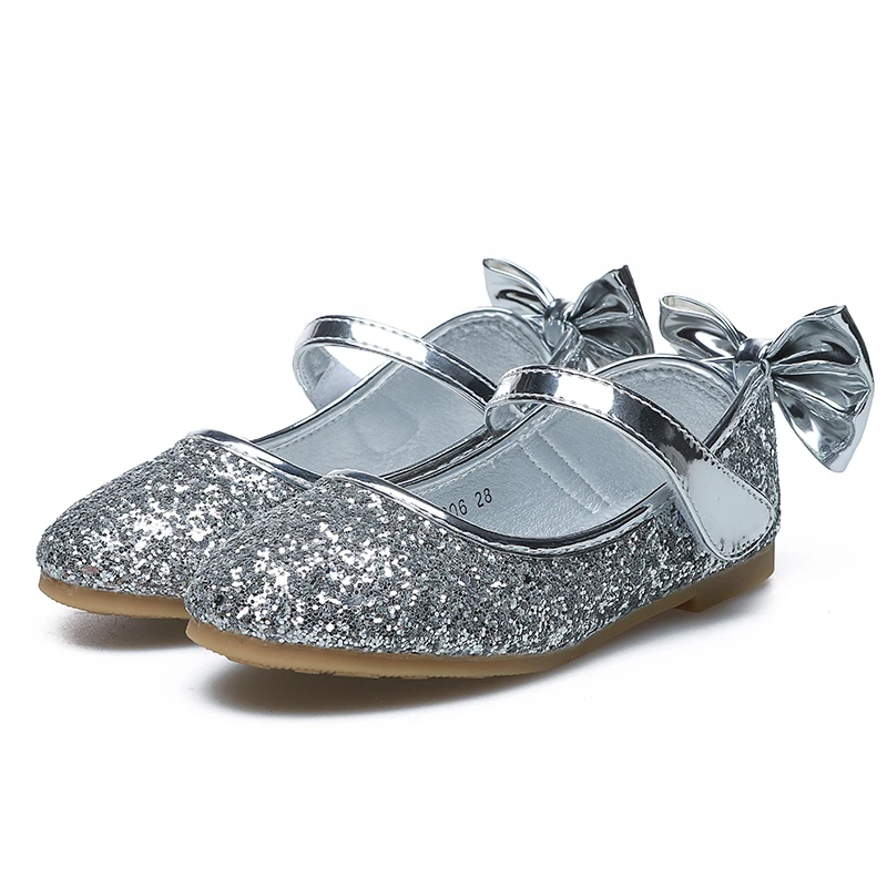 Little Girl Shoes Fashion Sequins Bow Flat Sneakers Spring New Girls Princess Soft Bottom Kids Leather Shoes size 25-35 STX002