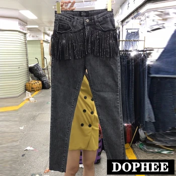 

2020 Spring New Pocket Heavy Industry Tassel Scald High Waist Jeans Women Slim Elastic Grey Pencil Pants Long Trousers