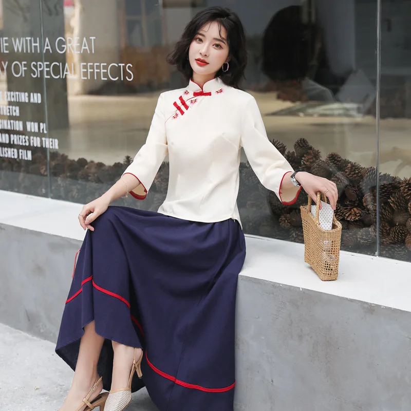 

2019 Spring New Style Chinese-style Cheongsam Stand Collar Embroidery Embroidered Simple Retro Two-Piece Set
