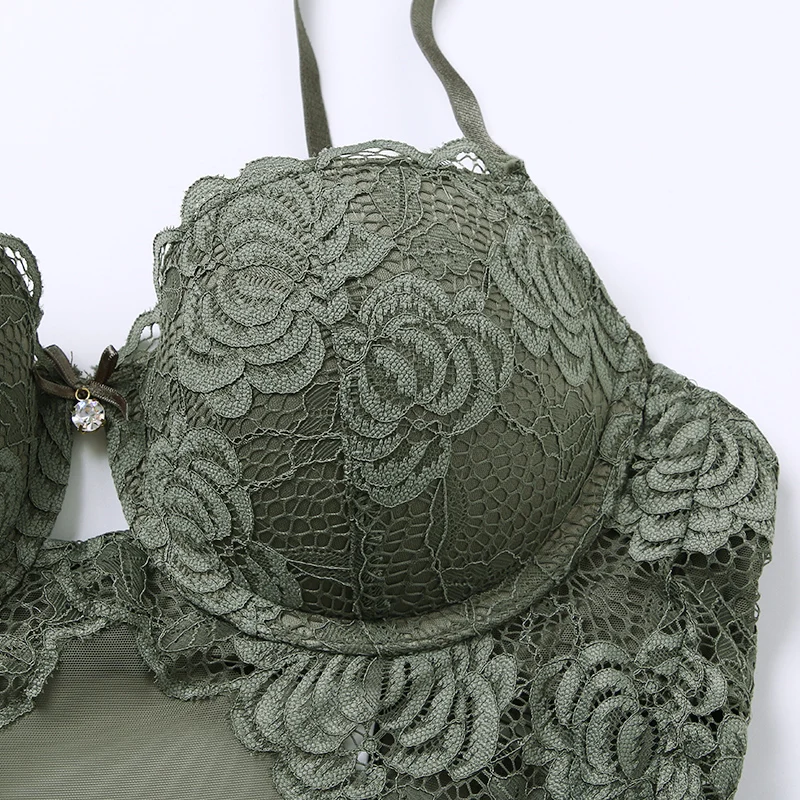 shapewear for dresses Body Women Sexy Lingerie Push Up Bodysuit Padded Cup Underwire Floral Pattern Army Green Bra and Brief Set High Cut Underwear plus size shapewear