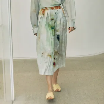 

Mint Green Ink Print Pleated Midi Skirt 2020 Early Autumn Irregular Long Skirts