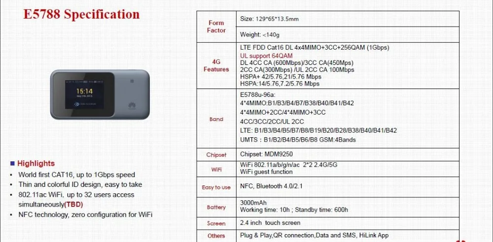 huawei E5788 E5788u-96a мобильный wi-fi-роутер 1G DL держатель для спидометра NFC Bluetooth передача данных и Пробуждение PK M1 MF980
