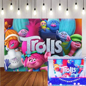 

irthday Party Cartoon Trolls Baby Girl Customize Photo Backgrounds Photocall Banner Photography Backdrops for Photo Studio