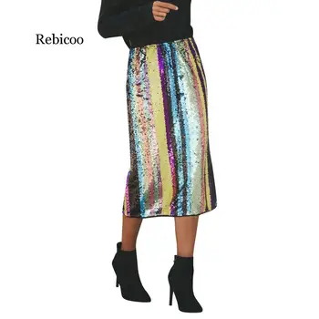 

Summer Fashion Women Sexy Striped Patchwork Sequined Split Hem Party High Waist Skirt faldas mujer moda 2019