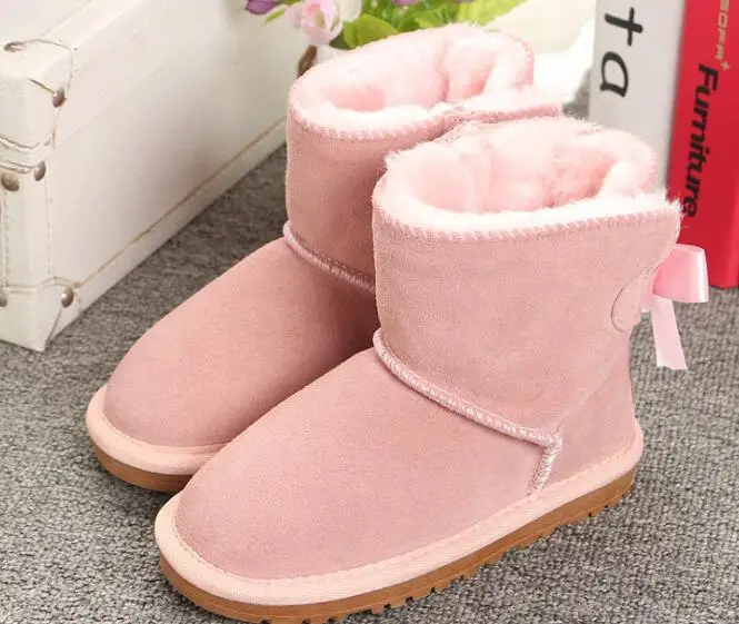 Новые детские зимние ботинки австралийские меховые теплые зимние детские ботинки с бантом для мальчиков и девочек детская обувь для детей Size21-35 - Цвет: A02 pink