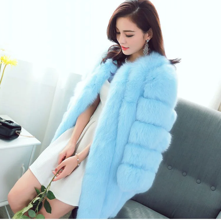 Новая зимняя Женская пушистая шуба из искусственного меха квалифицированная Толстая имитация меха лисы пальто женская теплая верхняя одежда - Цвет: sky blue