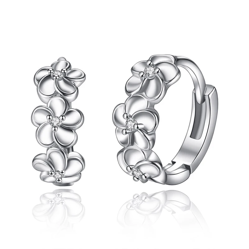 

1pairs copper camellia sharp setting cubic zirconia silver color hoop Earrings for women