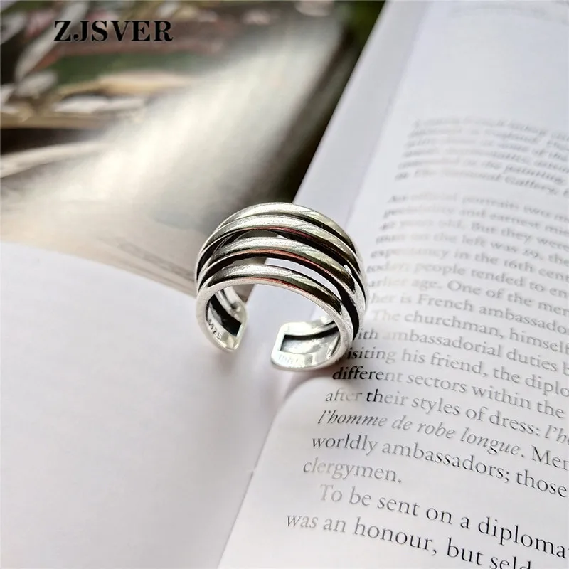 

ZJSVER Korean Jewelry 925 Sterling Silver Rings Fashion Retro Silver Multi-layer Line Opening Adjustable Women Ring For Present