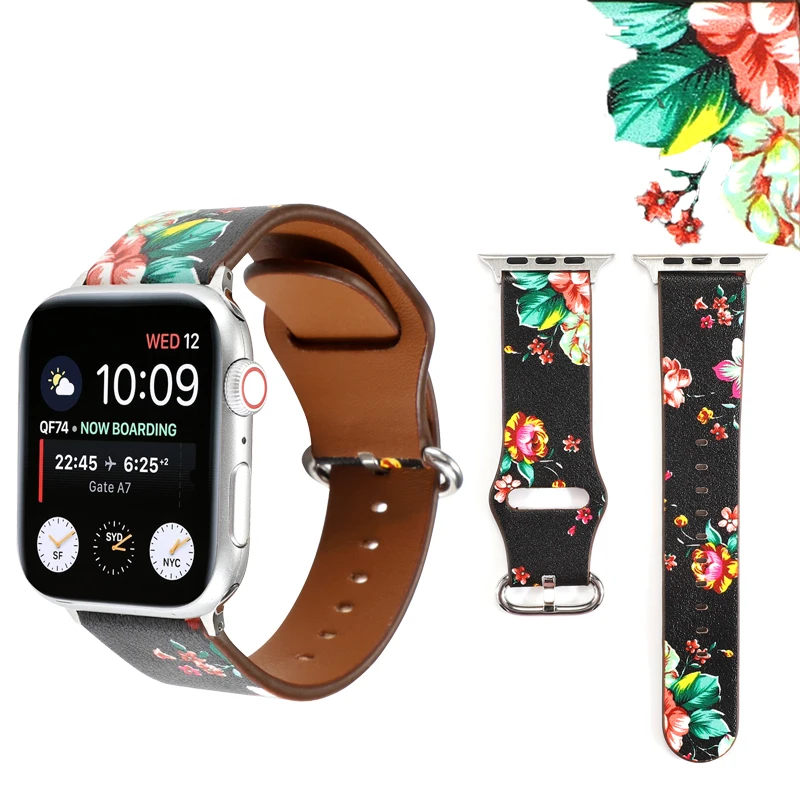 Цветочный кожаный ремешок для apple watch, ремешок 42/44/38/40 мм Браслет замена спортивный женский браслет для наручных часов iWatch серии 5 4 3 2 1
