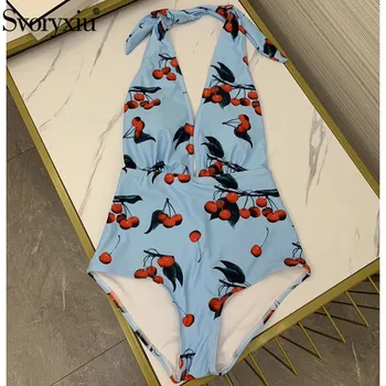 

Svoryxiu Designer Summer Sexy Backless Blue Cherry Print Bikini Swimsuit Women's Beach Wear Playsuit Female One-Pieces Bodysuits