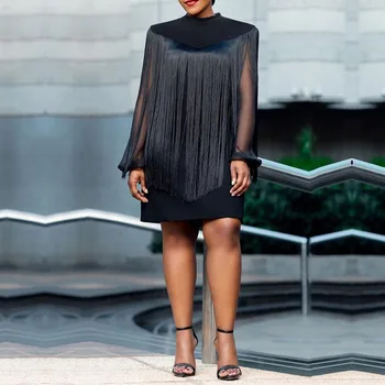 

Two Piece Set Black Tassel Shawl Tops And Long Sleeve Chiffon Mini Dress Office Ladies Plus Size 2PCS Causal Women Sets 2XL