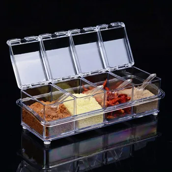 

Four Grid Kitchen Spice Box Set Crystal Transparent Seasoning Jar Salt Bowl Sugar Bowl Creative Seasoning Box With Spoon