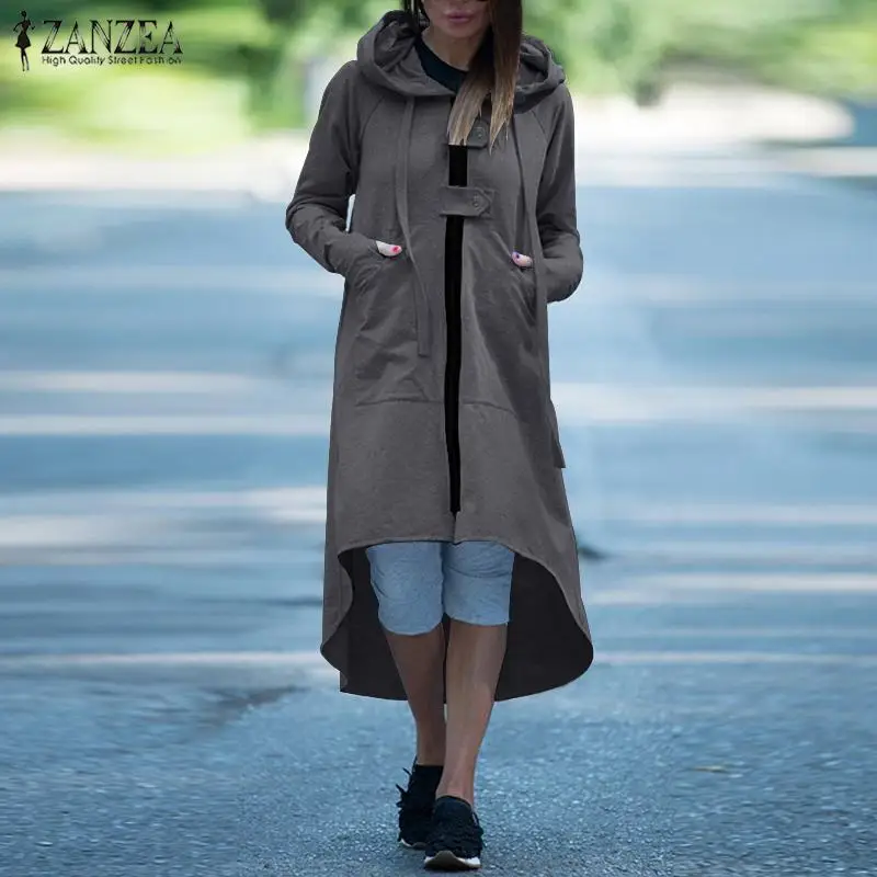 New  ZANZEA Women Irregular Hem Coats Casual Solid Jackets Female Long Outwear Side Pockets Zip Overcoat