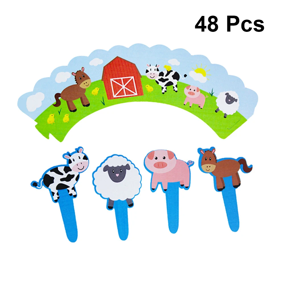 

48pcs Farm Theme Cupcake Wrappers Cake Paper Cups Cake Topper Cartoon DIY Cake Decoration Topper Birthday Party Supplies Favors