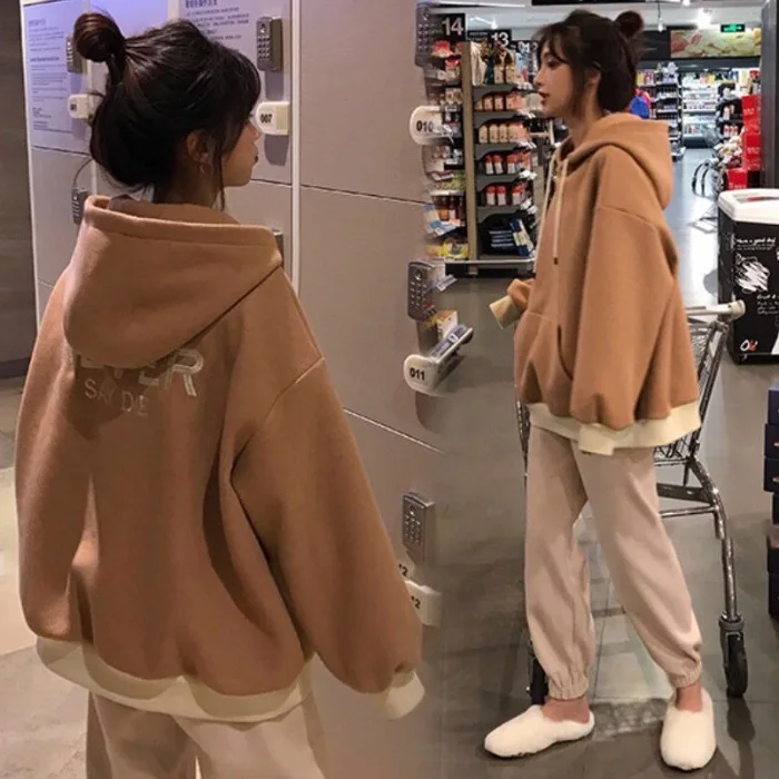 

Autumn And Winter Set Loose-Fit Slimming Leisure Sports Suit Solid Color plus Velvet Hoodie Harem Pants Two-Piece Women's Studen
