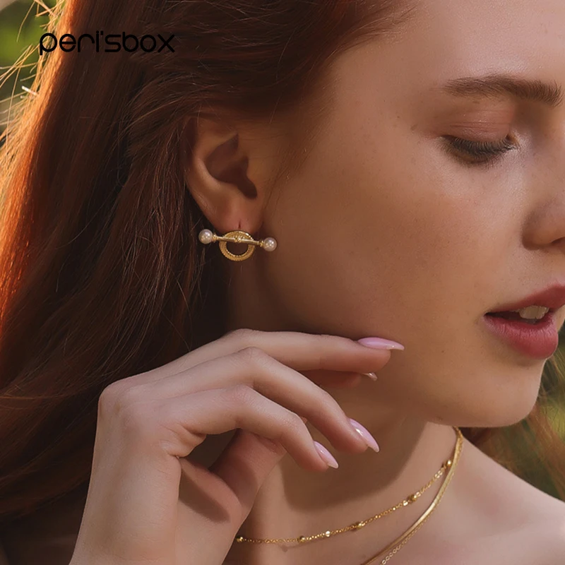 

Peri'sBox 2019 Circle and Line Geometric Earrings for Women 925 Sterling Silver Earrings Gold Textured Shell Pearl Stud Earrings