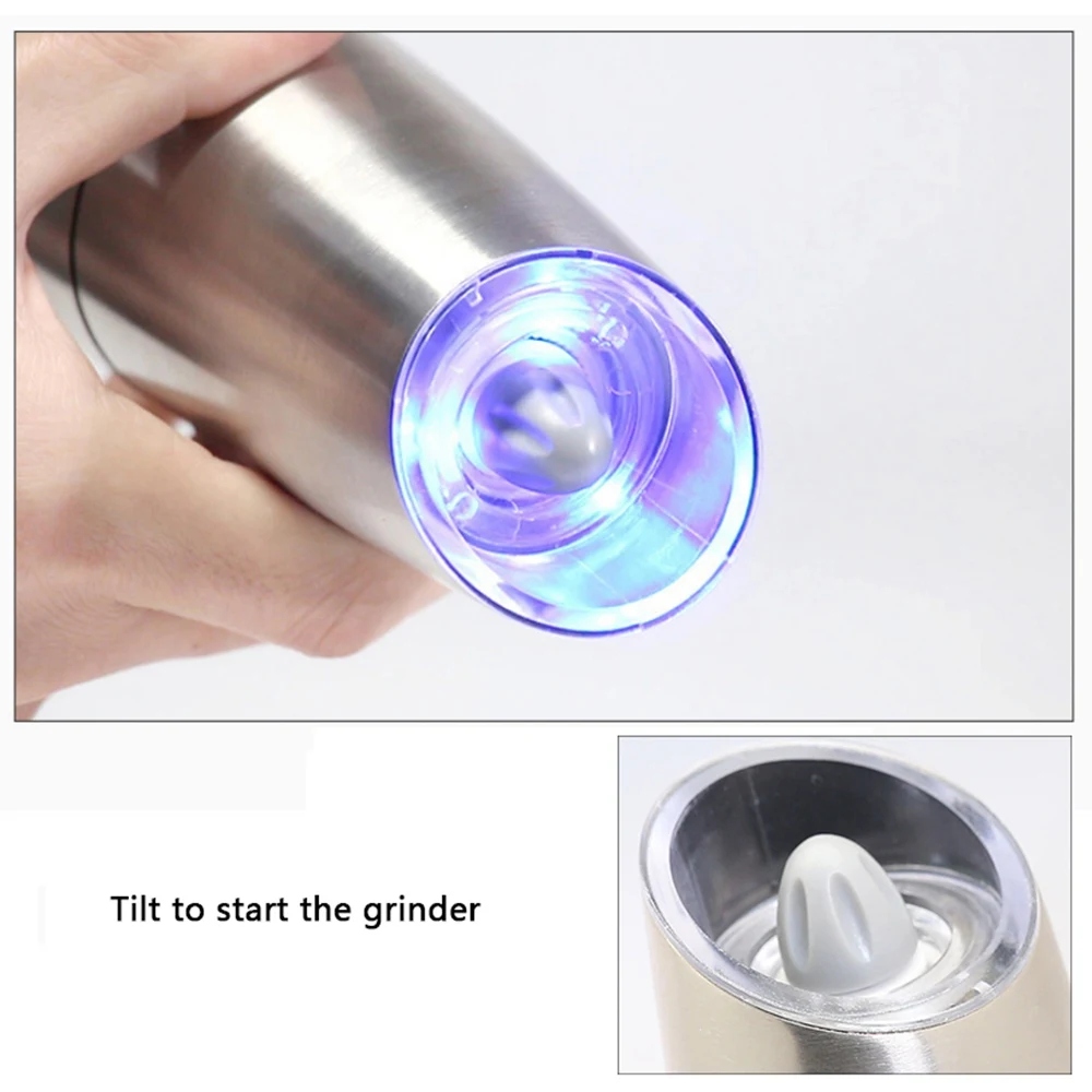 Electric Pepper Grinder or Salt Mill Spice Tall Power Shaker Gravity Control Battery Powered With Blue LED Light Adjustable