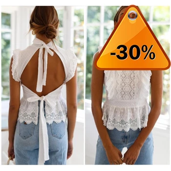 

Elegant Lace Aproms Emboridery Sleeveless Blouse Shirt Women Summer Sexy White Ruffles Open Back Bow Tie Top 2020