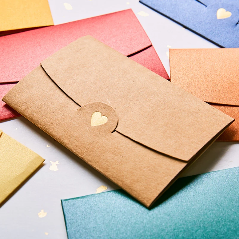 50PCS Free shipping Heart envelopes Love Button Envelope Kraft Paper Gift Card Handmade String Romantic Colorful Letter 10*7CM