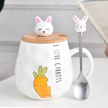 

New Cartoon Ceramic Coffee Mug with Lid and Spoon Hand Painted Cute Milk Mugs for Kids Caneca Personalizada Stiring Mug HH50MK