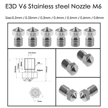 

5pcs 3D V6 Stainless steel Nozzle M6 Thread Bore Diameter 0.2/0.25/0.3/04/0.5/0.6/0.8/1.0 mm for 3D Printer 1.75mm Filament.