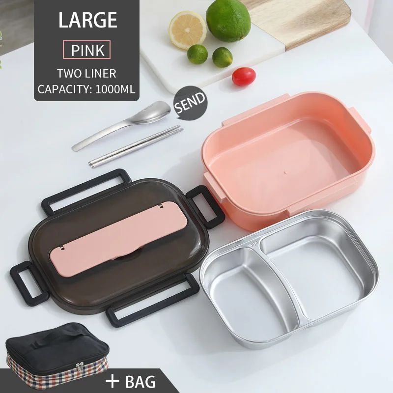 Pink 2 Grid And Bag WORTHBUY, японский Ланч-бокс, 304, контейнер для еды из нержавеющей стали с отсеком, герметичный, для микроволновой печи, Bento box, детская коробка для еды - Цвет: Pink 2 Grid And Bag