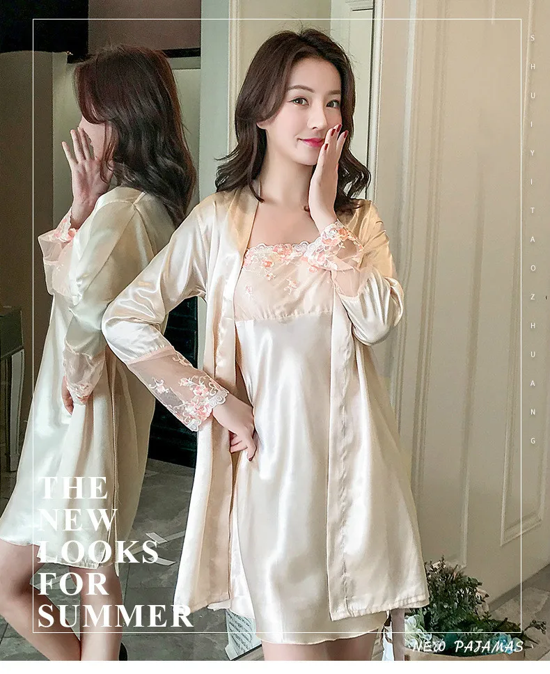 Casual Floral Mini Twinset Robe Set Faux Slik High Quality Sleepwear Purple Sexy Lace 2PCS Spaghetti Strap Nightdress M-2XL