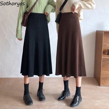 

Skirts Women Mid Calf Knitted Skirt All-match Retro New-coming Winter Womens Students Korean Style Medium-long Loose Simple Chic