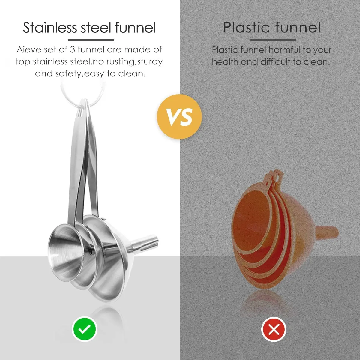 3Pcs/set Stainless Steel Funnels with Long Handle Small Funnels Strainer for Kitchen Transferring Fluid Liquid Oil Powder Filter