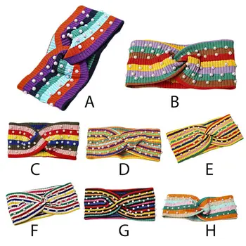 

Bohemian Women Girl Sports Wide Headband Rainbow Colorful Stripes Cross Knot Hairband Imitation Pearl Beaded Styling Knit Turban