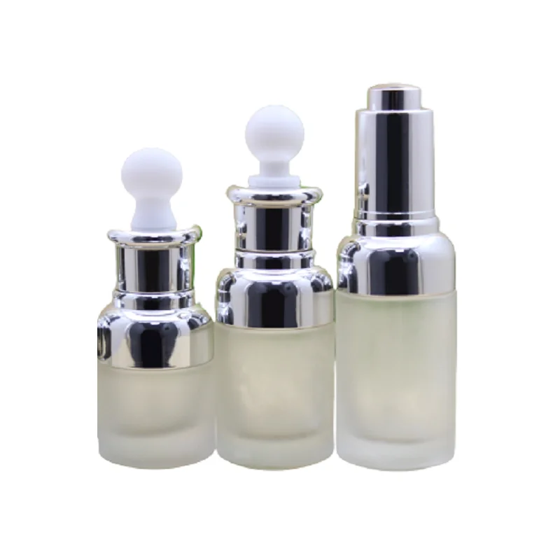 

10pcs Essential Oil Dropper Vials Silver Ring White Rubber Top Press Pump Empty Frosted Glass Refillable Bottle 20ml 30ml 40ml