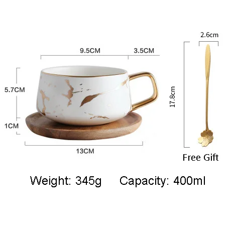 White with plate Роскошные матовые керамические мраморные чайные кофейные чашки с золотой инкрустацией деревянными блюдцами черного и белого цвета B002 - Цвет: White with plate