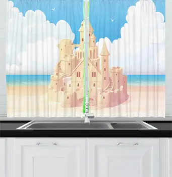 

Beige Blue and Aqua Coastal Kitchen Curtains Cartoon Style Design of a Sandcastle on Sand with Fluffy Clouds in The Sky