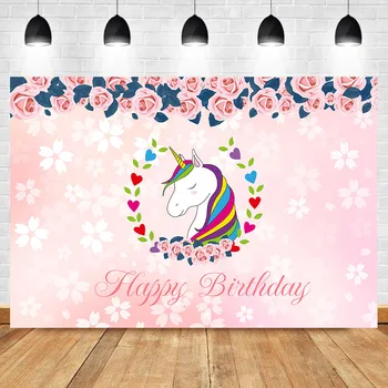 

Unicorn Happy Birthday Backdrop Pink Flower Children Birthday Party Baby Shower Decorations Supplies Photo Background