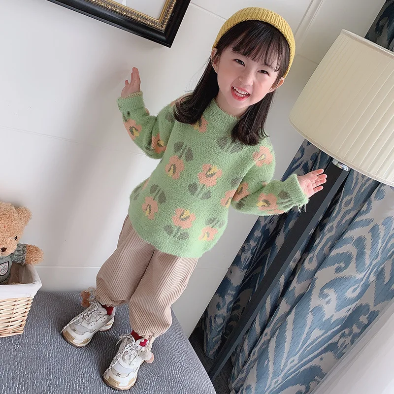 

Girls Mink Cashmere Sweater Pullover Spring And Autumn Long Sleeve Loose-Fit Flower Hipster Elegant Wind Children Autumn Clothin