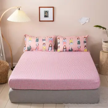 

3pcs Geometry Grid Girls Printed Fitted Sheet with Pillowcases Bed Sheet Modern Bed Linens Mattress Cover Home Textile for Girls
