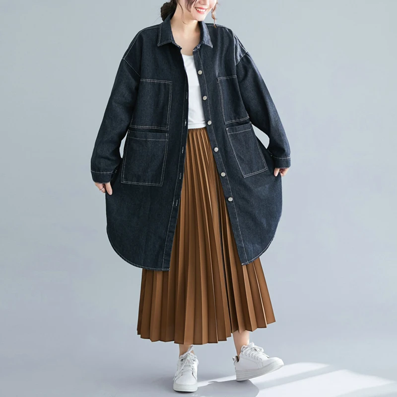 

[EWQ] 2019 Autumn New Pattern Office Lady Style Full Sleeve Large Size Loose Washed Irregular Hem Lapel Collar Denim Coat AF880