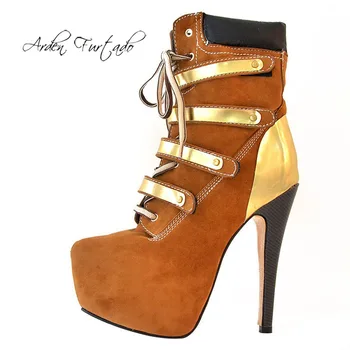 

Arden Furtado Fashion Women's Shoes Winter Pointed Toe Stilettos Heels Sexy Elegant Ladies cross tied platform ankle Boots