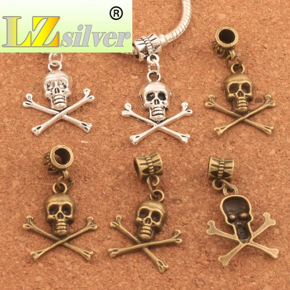 Pirate Skull Halloween Charm Beads 100PCS zinc alloy Bronze Dangle Fit European Bracelets Jewelry DIY B981 34.5x19.6mm