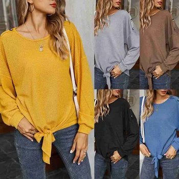 

Fashion Women Solid Long Sleeve Pullover Tie Knot Tops Ladies Loose Casual Sweater