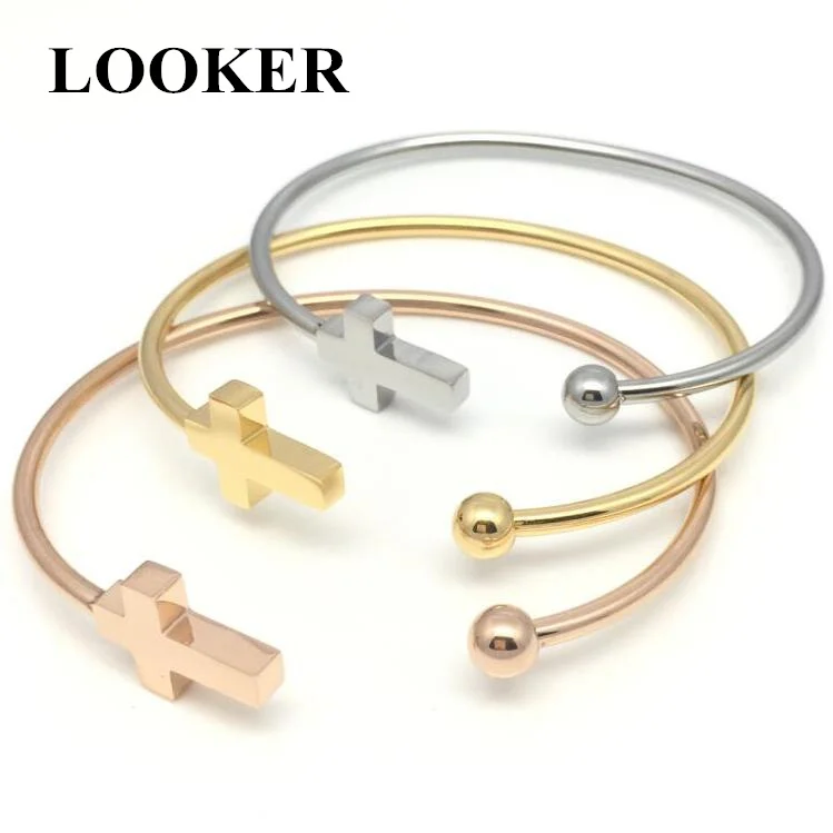 2018 New Girl Silver Color Stainless Steel Cross Bangles Bracelets For Women Tiny Small Horizontal Bracelet Jewelry Gift | Украшения и