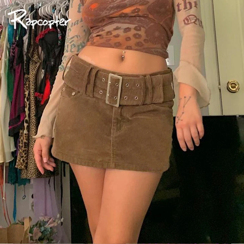 Rapcopter Brown Corduroy Mini Skirts Women Y2k Low Waist Short Skirts