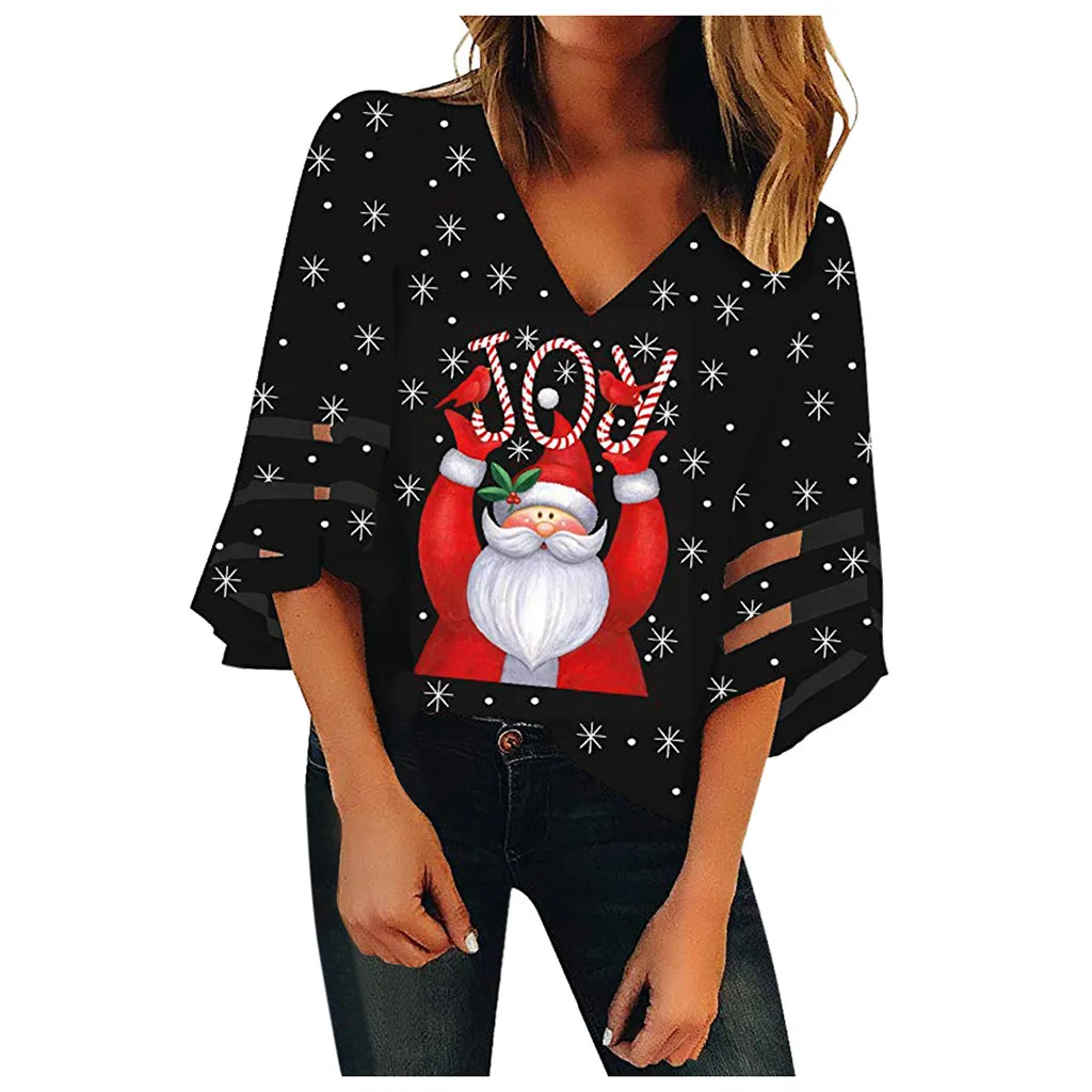 Blouse Women Shirt Women Tops блузка женская Christmas New Black Red V-Neck Mesh Top Trumpet Sleeves Loose Blouse Free Ship Z4