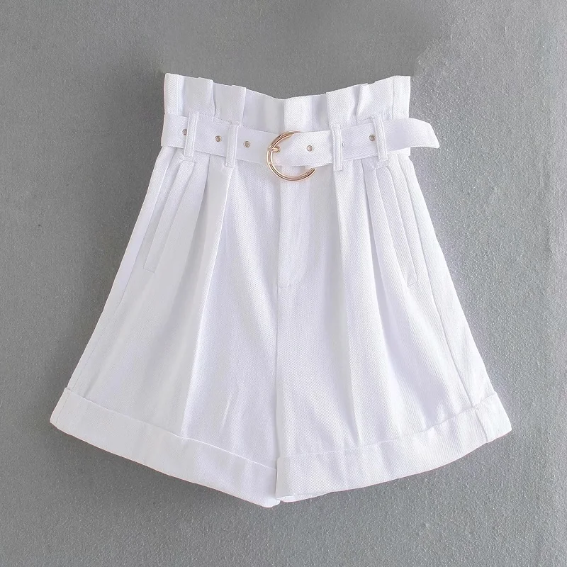 Za 2021 High waist Women Fashion Office Lady Summer Loose Hot Skirts Shorts Belt Chic Elastic Waist Lace Up Woman White Shorts bape shorts