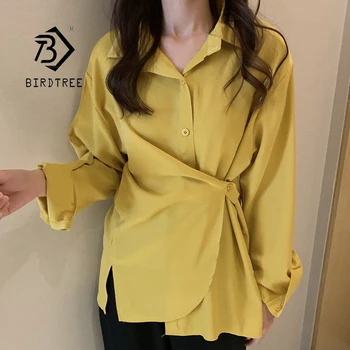 

2021 Spring New Women Vintage Solid Chiffon Blouse Turn-Down Collar Autumn High Waist Shirt Button Up Korean Basic Tops T0O702F