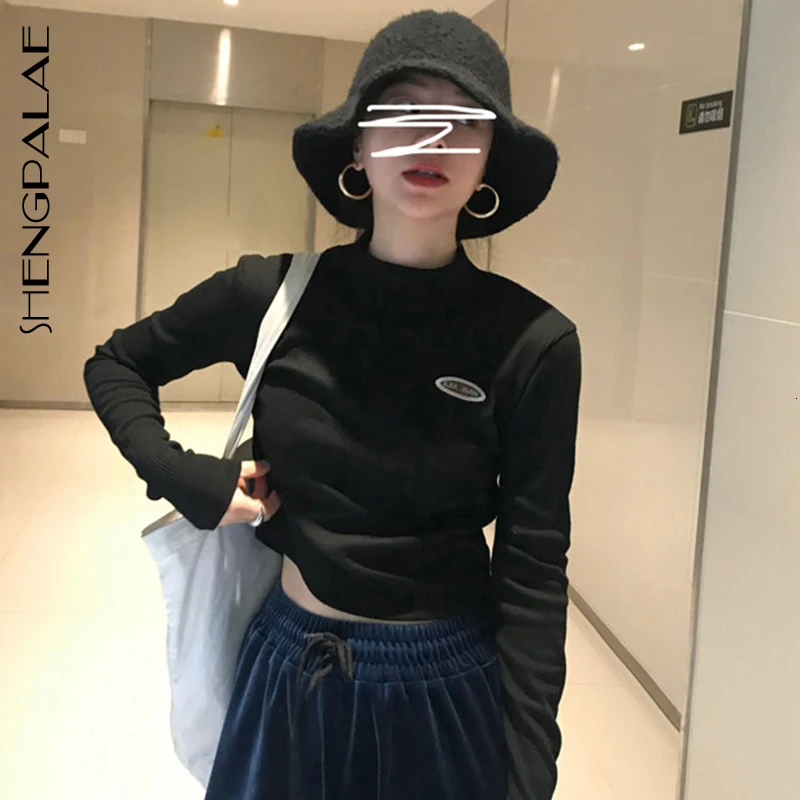 SHENGPALAE 2020 Autumn New Fashion Long Sleeve Black Pullover Korean Letter Embroidery Turtleneck Women Sweater FV685 |
