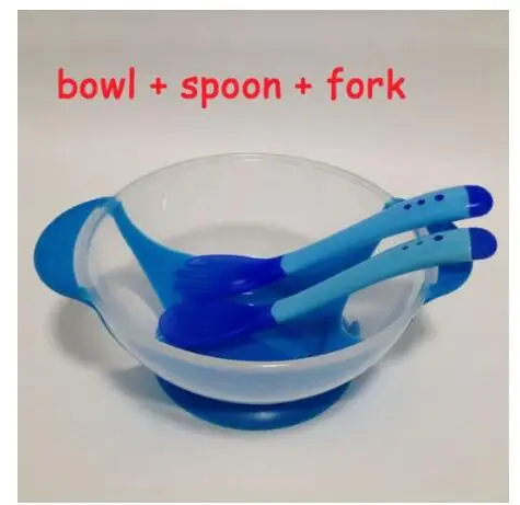 blue bowl spoon fork Детская Посуда столовая посуда всасывающая чаша с ложка с датчиком температуры детская чаша крышка Ложка Вилка для обеда мальчик миска для питомца посуда - Цвет: blue bowl spoon fork