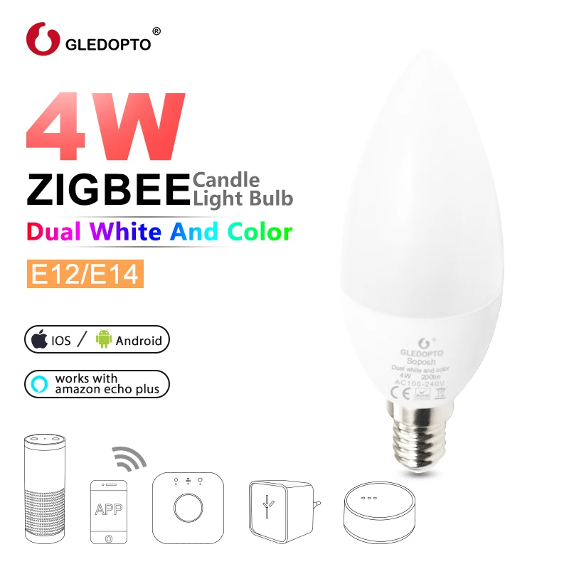 

GLEDOPTO zigbee led smart bulb 4W E12/E14 dimmable RGBCCT Ambiance Decorative Candle Bulbs Compatible with Amazon Echo Plus AC