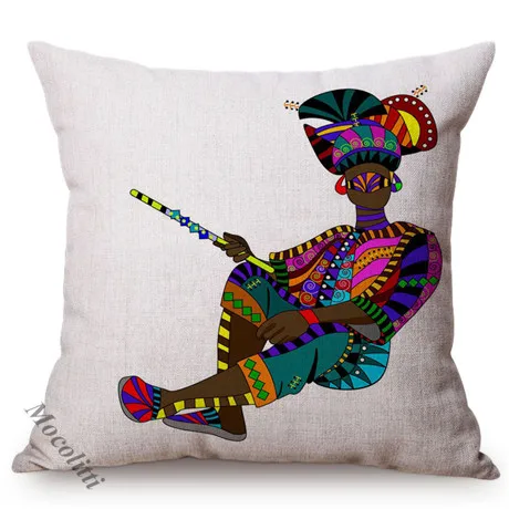African Folk Traditional Music Art Hand Painted Africa Women Ride Giraffe Abstract Pattern Sofa Pillow Cover Linen Cushion Cover K156-9