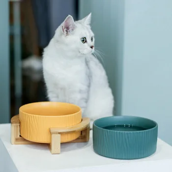

Non-slip Cat Bowls Pet Food Water Bowl With wood bracket stand Dry Ceramic Pet Bowl Canister Food Water & Treats for Cats & Dogs